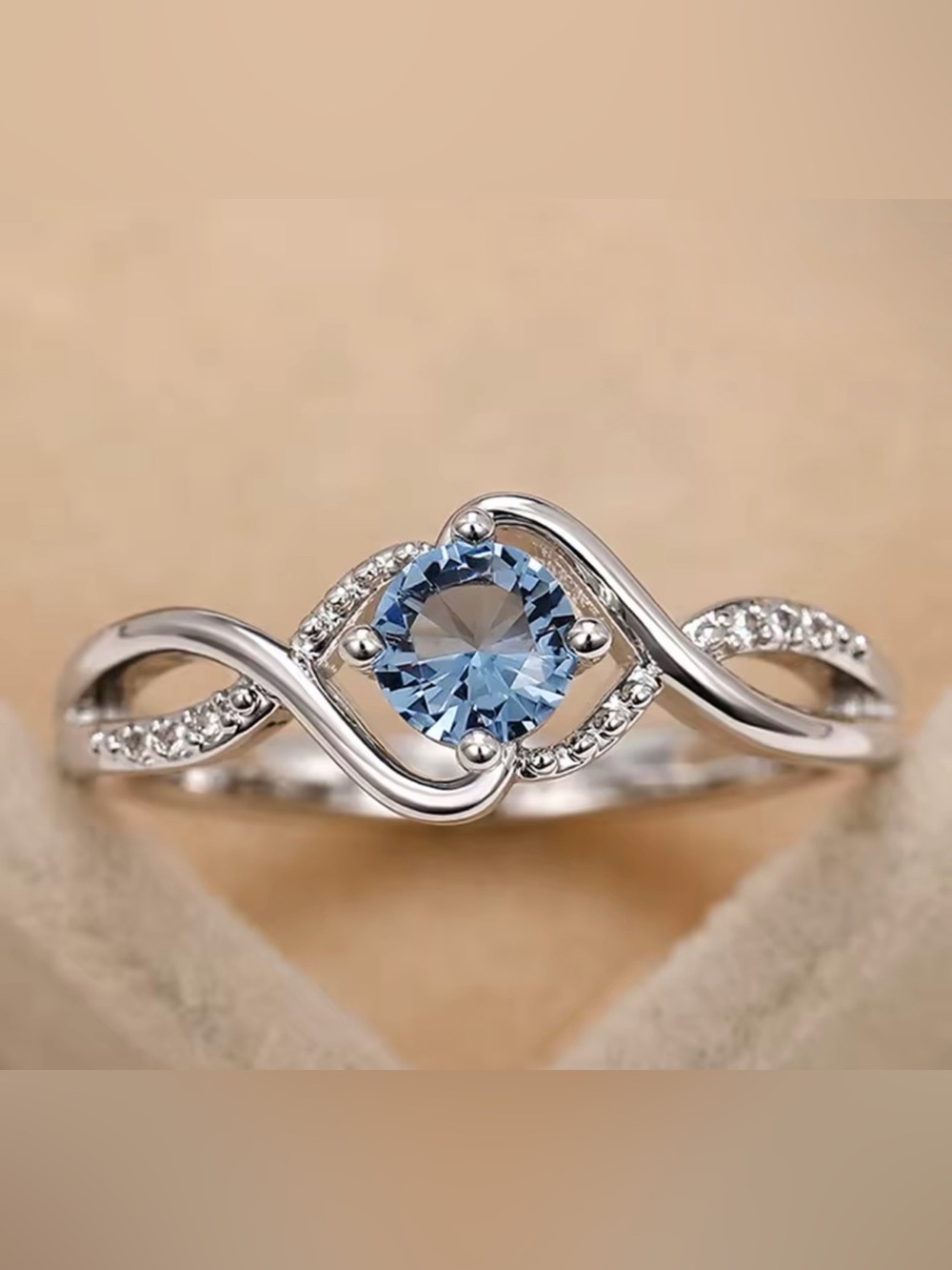 Blue CZ Silver Tone Swirl Ring Size 7 Wedding Engagement Statement Jewelry